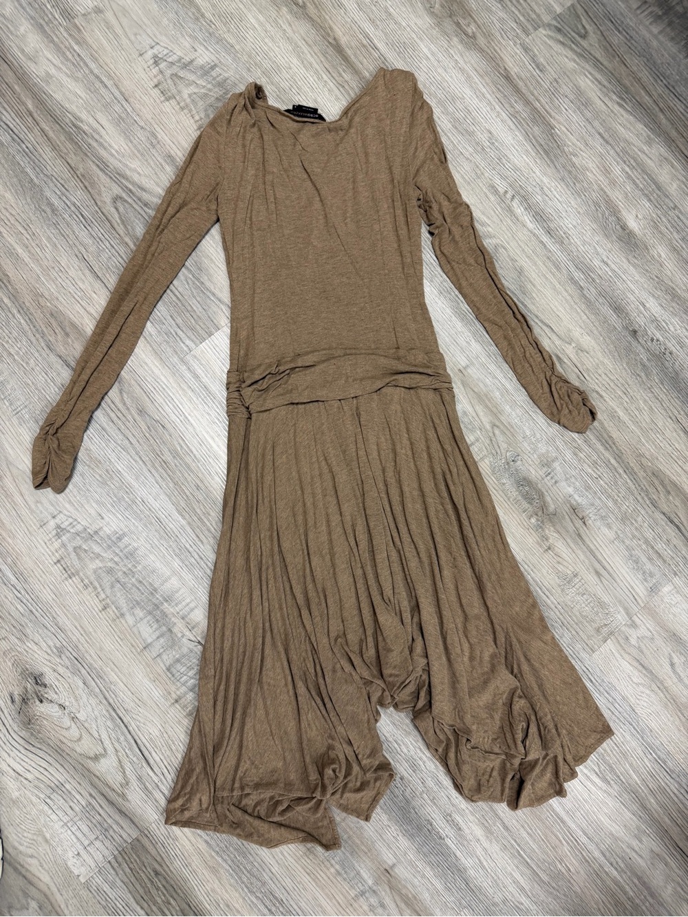 BCBGMaxAzria Long-Sleeve Brown Pleated Hem Dress